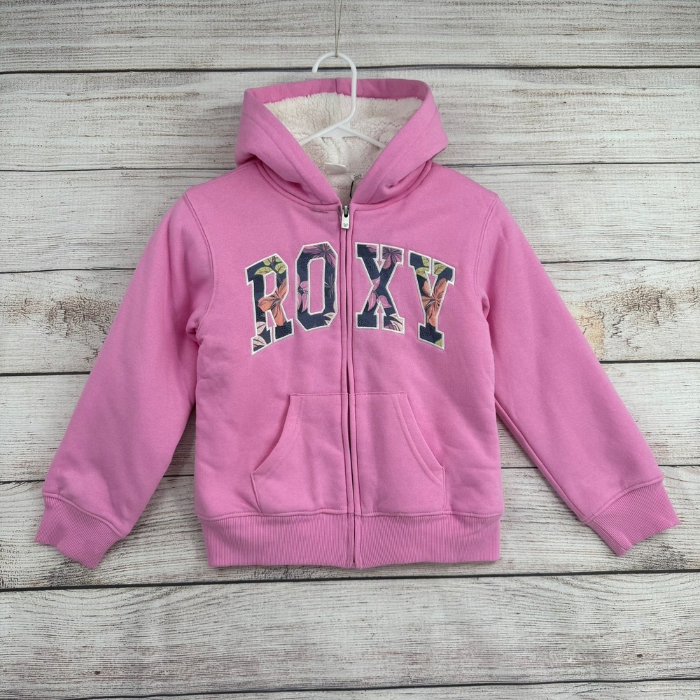 Roxy Sherpa Lined Fleece Hoodie Kids Size S 7/8 Pink Floral Zip Up 25RSFIB80X